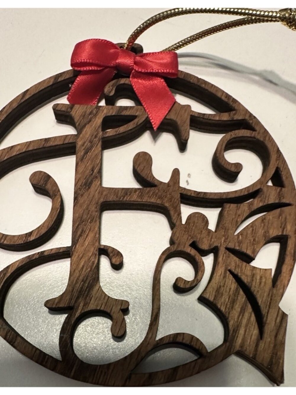 Wood Vine Letter “F” Monogram Wood  Christmas Ornament 4”